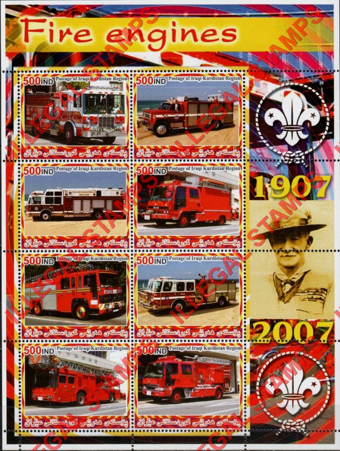 Kurdistan 2005 Fire Engines and Scouts Baden Powell Illegal Stamp Souvenir Sheet of 8 (Sheet 1)