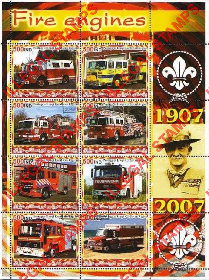 Kurdistan 2005 Fire Engines and Scouts Baden Powell Illegal Stamp Souvenir Sheet of 8 (Sheet 2)