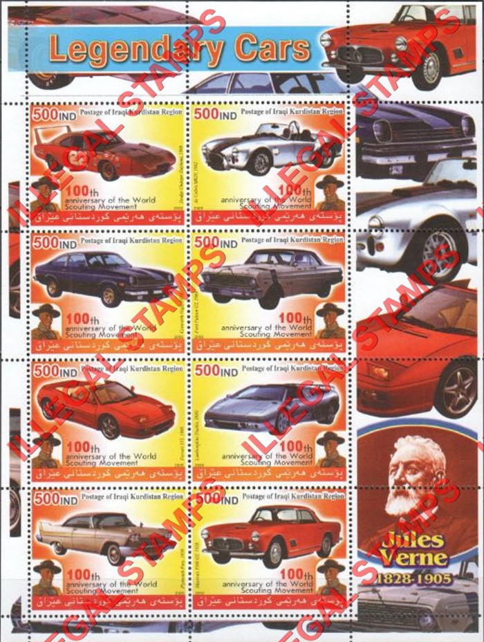 Kurdistan 2005 Legendary Cars and Jules Verne Illegal Stamp Souvenir Sheet of 8 (Sheet 1)