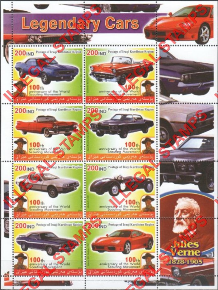 Kurdistan 2005 Legendary Cars and Jules Verne Illegal Stamp Souvenir Sheet of 8 (Sheet 2)