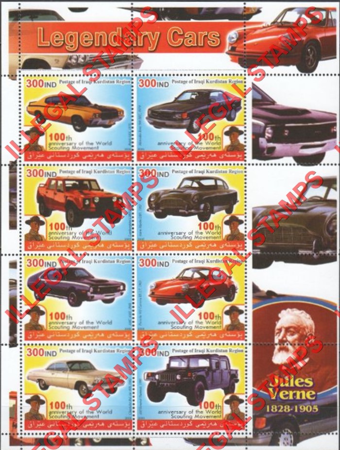 Kurdistan 2005 Legendary Cars and Jules Verne Illegal Stamp Souvenir Sheet of 8 (Sheet 3)