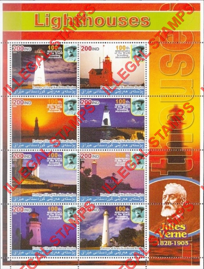 Kurdistan 2005 Lighthouses and Jules Verne Illegal Stamp Souvenir Sheet of 8 (Sheet 1)