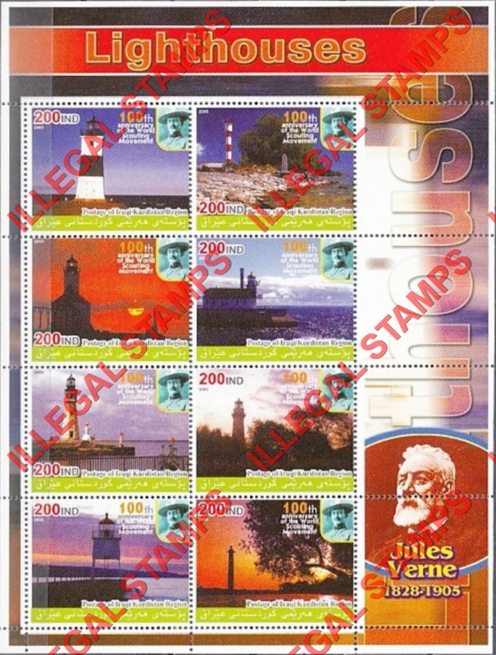 Kurdistan 2005 Lighthouses and Jules Verne Illegal Stamp Souvenir Sheet of 8 (Sheet 3)