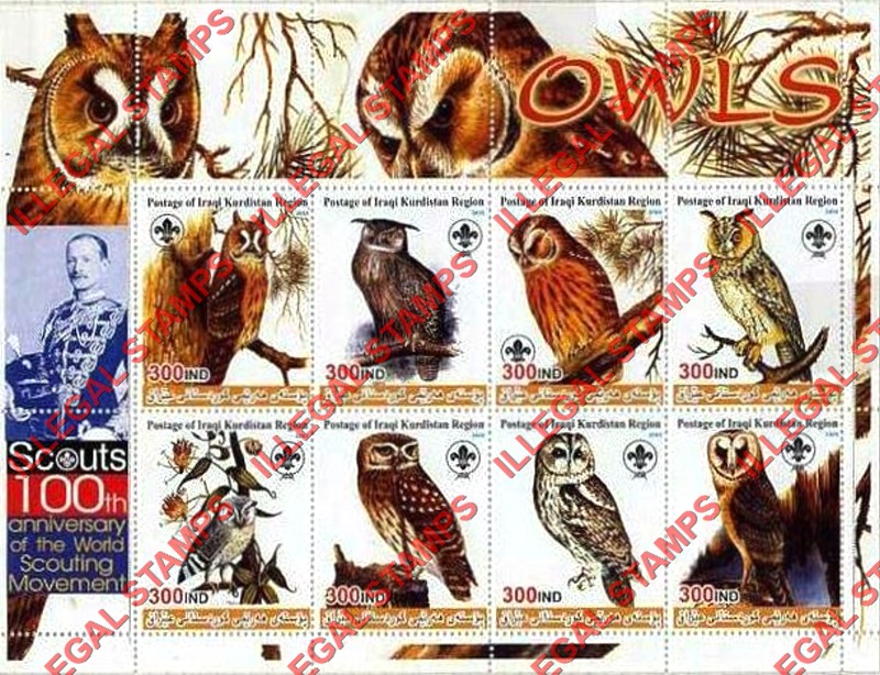 Kurdistan 2005 Owls and Scouts Baden Powell Illegal Stamp Souvenir Sheet of 8