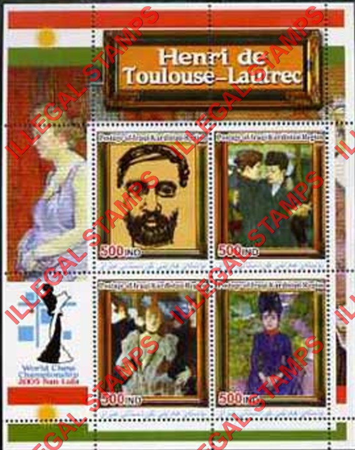 Kurdistan 2005 Paintings by Henri de Toulouse-Lautrec Illegal Stamp Souvenir Sheet of 4