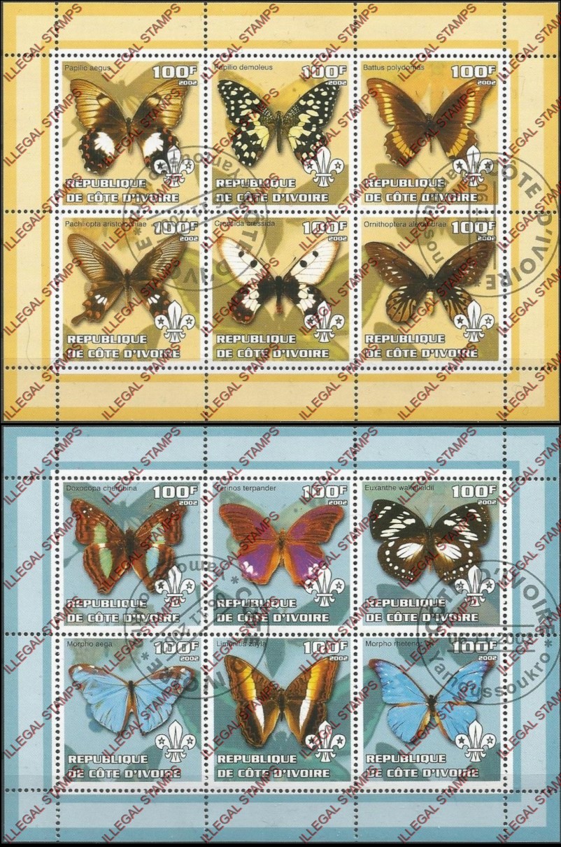Ivory Coast 2002 Butterflies Illegal Stamp Sheetlets of 6