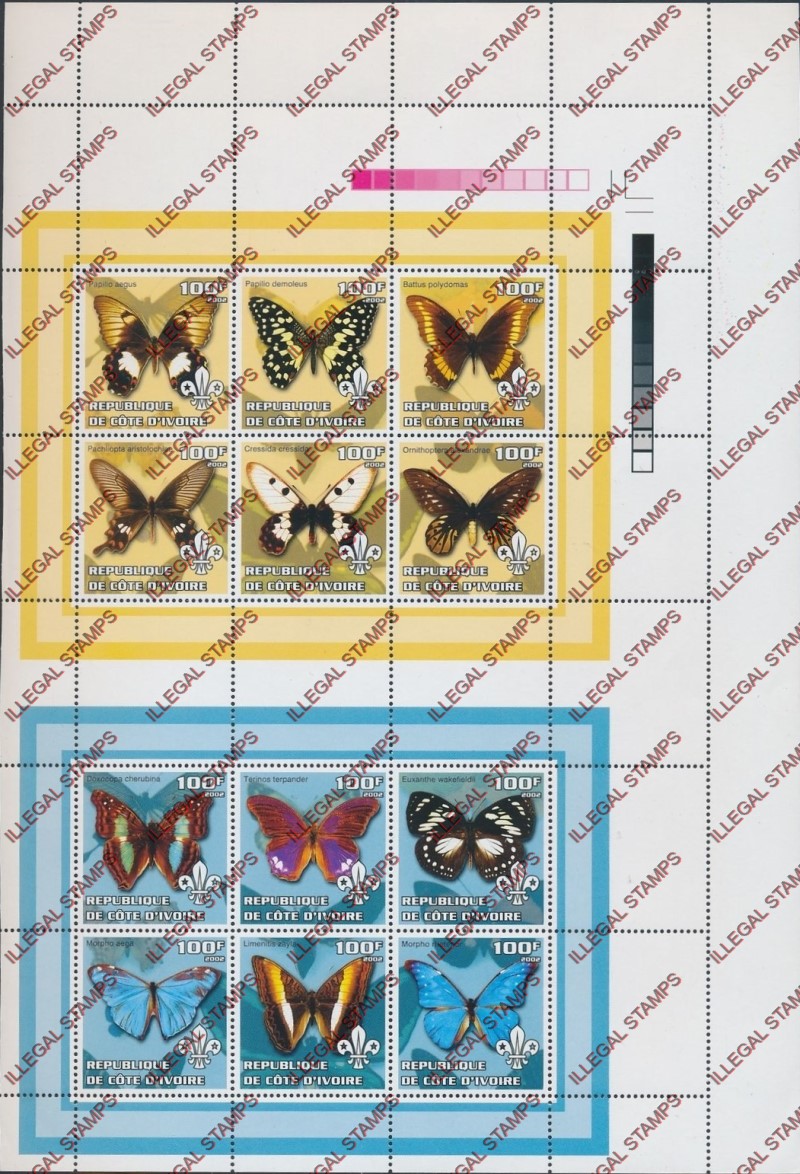 Ivory Coast 2002 Butterflies Illegal Stamp Sheetlets of 6 in Partial Press Sheet