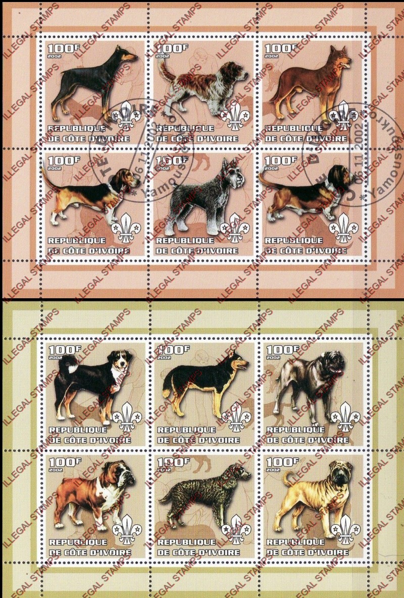 Ivory Coast 2002 Dogs Illegal Stamp Sheetlets of 6