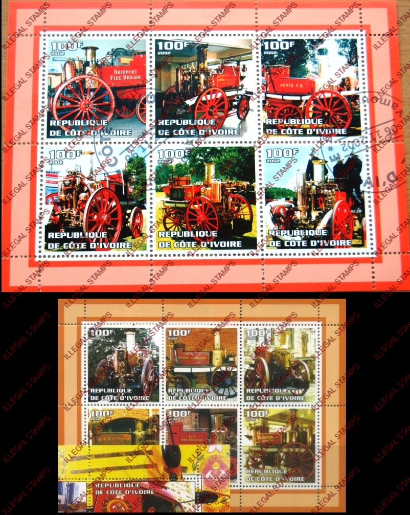Ivory Coast 2002 Fire Engines Illegal Stamp Sheetlets of 6