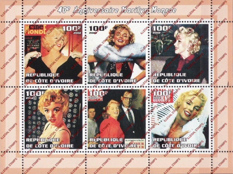 Ivory Coast 2002 Marilyn Monroe Illegal Stamp Sheetlet of 6