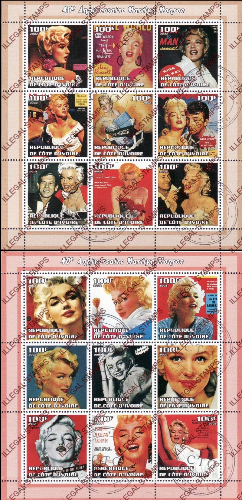 Ivory Coast 2002 Marilyn Monroe Illegal Stamp Sheetlets of 9
