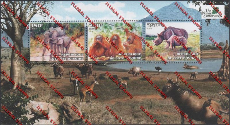 Ivory coast 2003 Animals Nature Conservancy Illegal Stamp Souvenir Sheetlet of Three