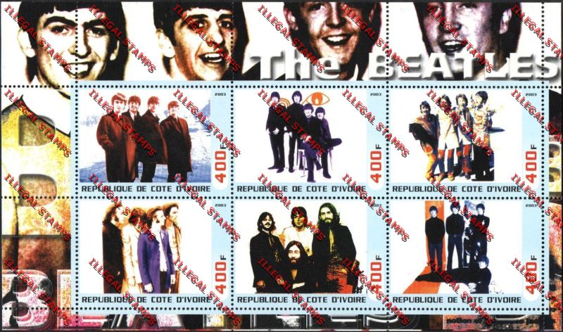 Ivory coast 2003 The Beatles Illegal Stamp Sheetlet of Six