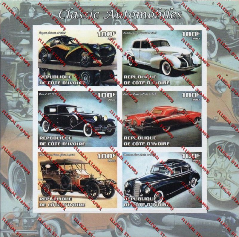 Ivory coast 2003 Classic Automobiles Illegal Stamp Sheetlet of Six