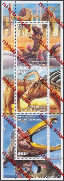 Ivory coast 2003 Dinosaurs Illegal Stamp Souvenir Sheetlet of Three