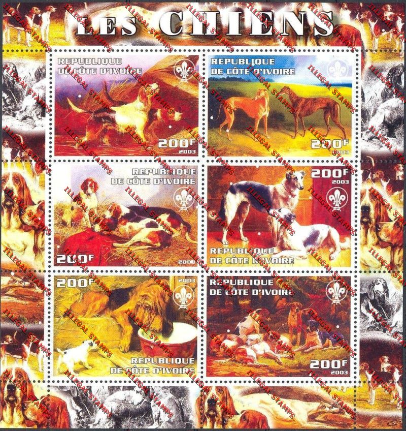 Ivory coast 2003 Dogs Les Chiens with Scouts Emblem Illegal Stamp Sheetlet of Six