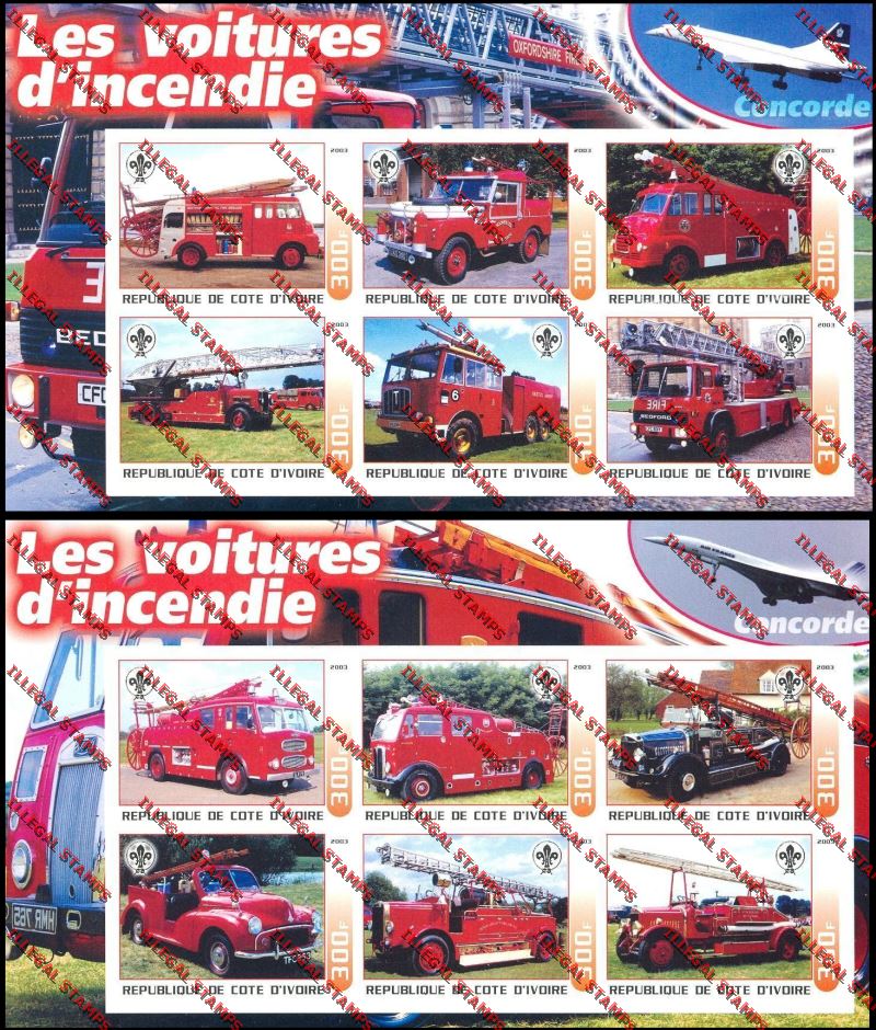 Ivory coast 2003 Fire Engines Illegal Stamp Sheetlets of Six