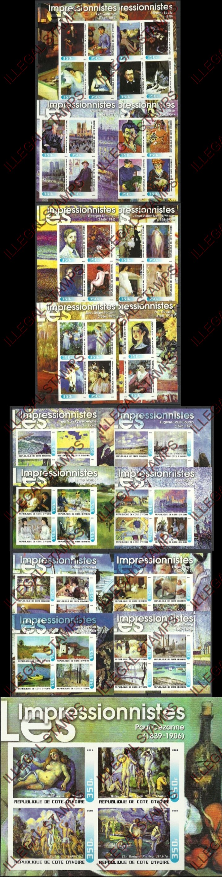 Ivory Coast 2003 Impressionists Paintings Illegal Stamp Souvenir Sheets of 4