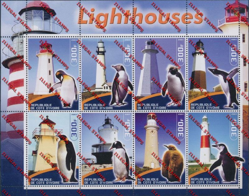 Ivory coast 2003 Lighthouses and Penguins Illegal Stamp Sheetlet of Eight