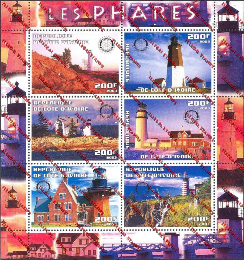 Ivory coast 2003 Lighthouses Les Phares with Rotary Emblem Illegal Stamp Sheetlet of Six
