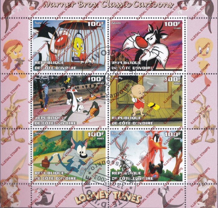 Ivory Coast 2003 Cartoons Warner Brothers Looney Tunes Illegal Stamp Sheetlet of 6