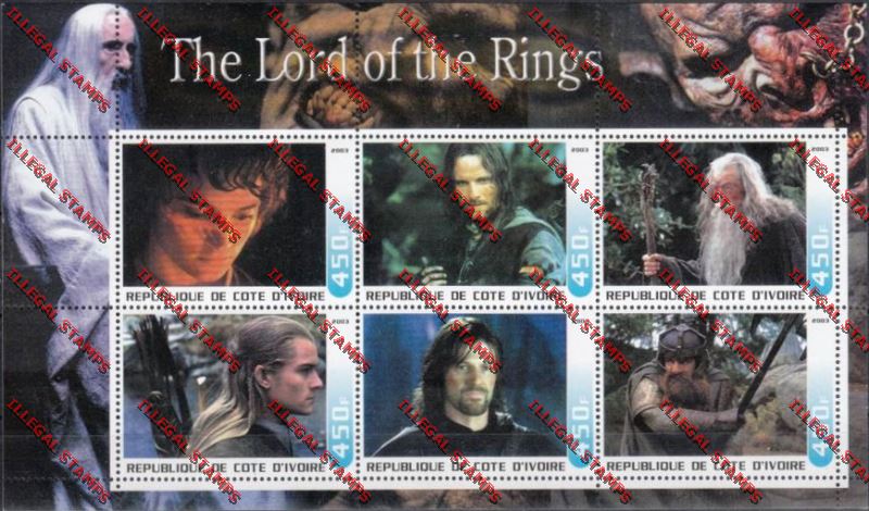 Ivory coast 2003 Lord of the Rings Illegal Stamp Sheetlet of Six