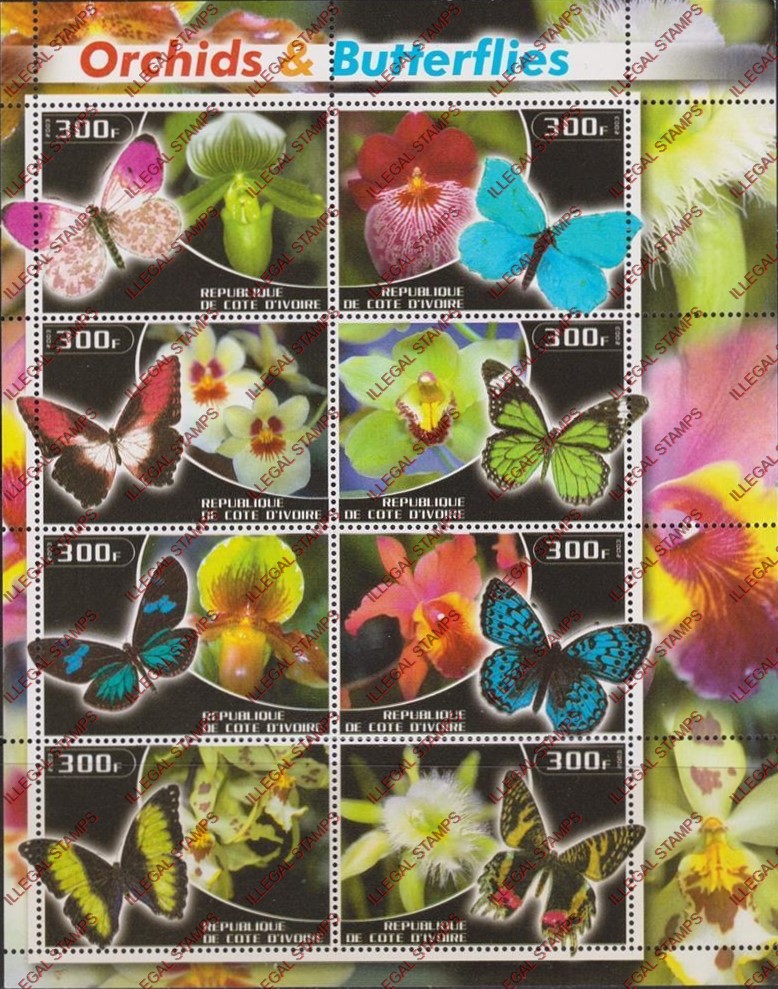Ivory Coast 2003 Orchids and Butterflies Illegal Stamp Sheetlet of 8