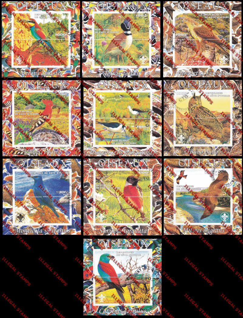 Ivory coast 2003 Owls and Birds Oiseaux with Scouts Emblem Illegal Stamp Souvenir Sheet Set