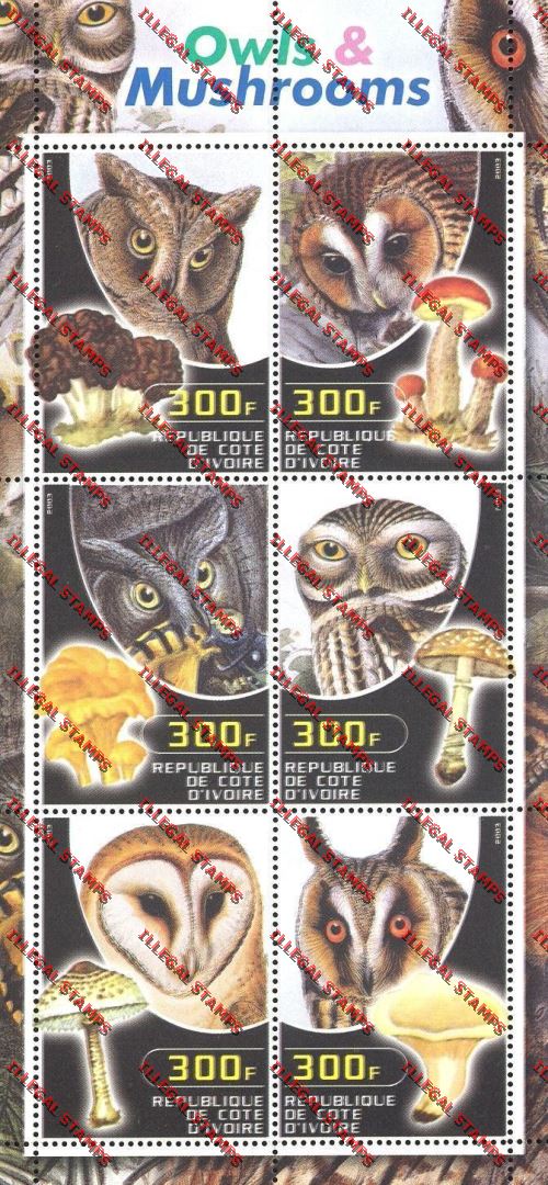 Ivory coast 2003 Owls Illegal Stamp Sheetlet of Six