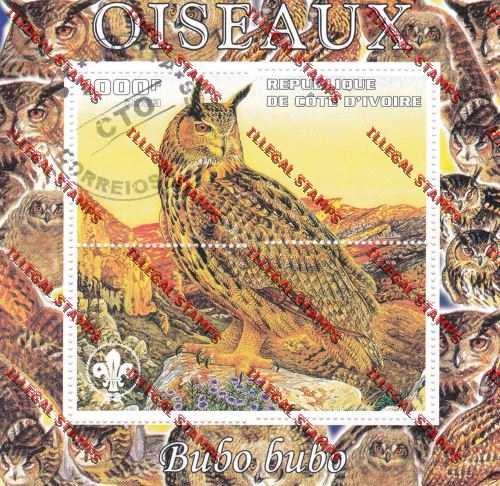 Ivory coast 2003 Owls Oiseaux with Scouts Emblem Illegal Stamp Souvenir Sheet