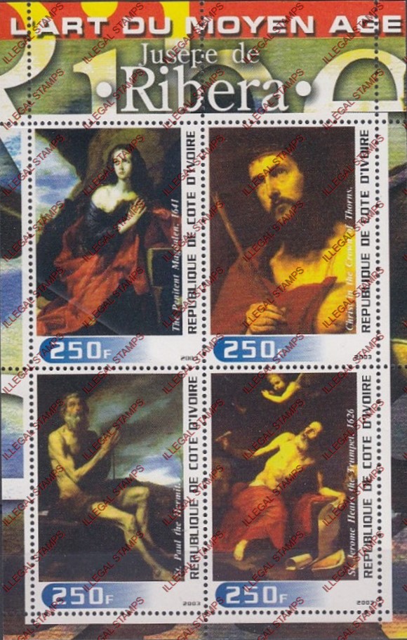 Ivory Coast 2003 Religious Paintings Ribera Illegal Stamp Souvenir Sheet of 4