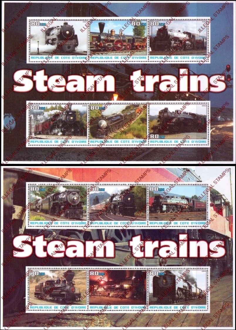 Ivory Coast 2003 Steam Trains Illegal Stamp Souvenir Sheets of 6