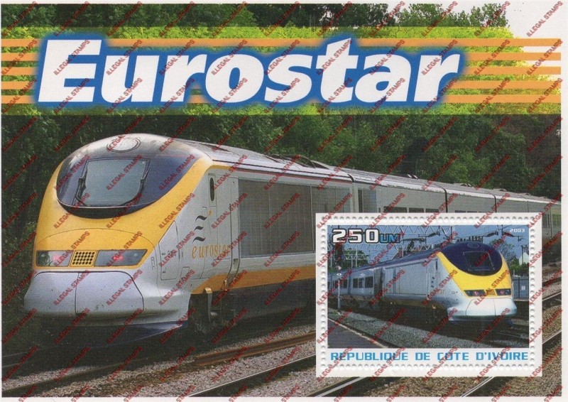 Ivory Coast 2003 Trains Eurostar Illegal Stamp Souvenir Sheet of 1
