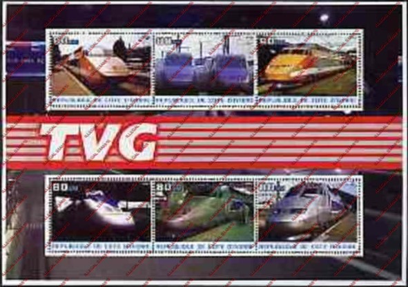Ivory Coast 2003 Trains TVG Illegal Stamp Souvenir Sheet of 6