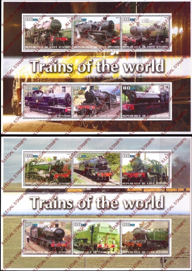 Ivory Coast 2003 Trains of the World Illegal Stamp Souvenir Sheets of 6