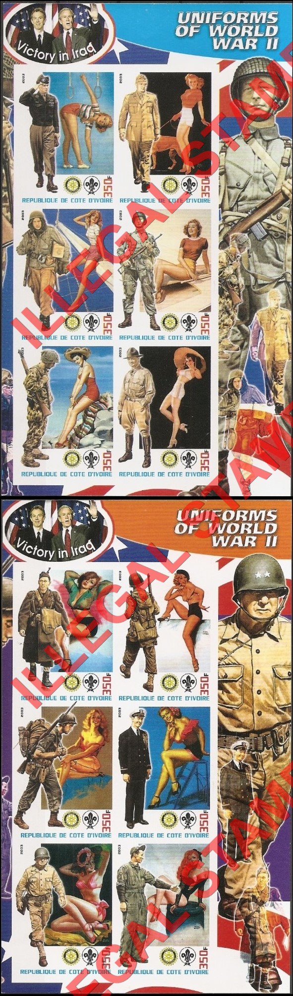Ivory Coast 2003 Uniforms of World War II Illegal Stamp Souvenir Sheets of 6 (Part 2)