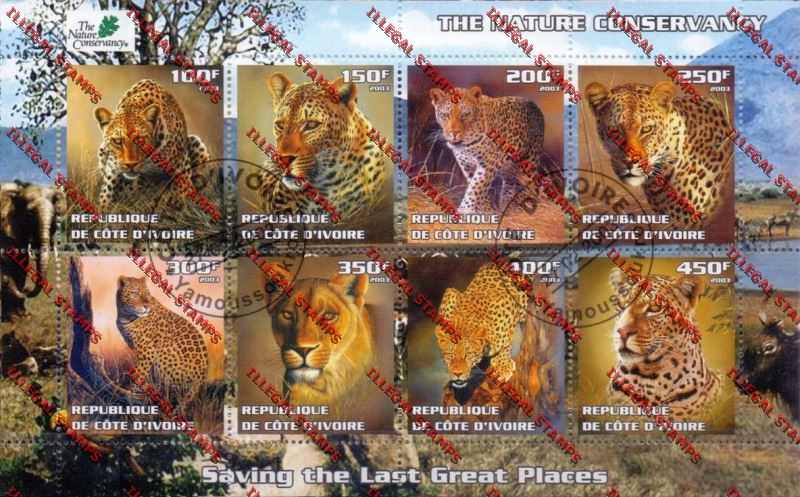 Ivory coast 2003 Wild Cats Nature Conservancy Illegal Stamp Sheetlet of Eight