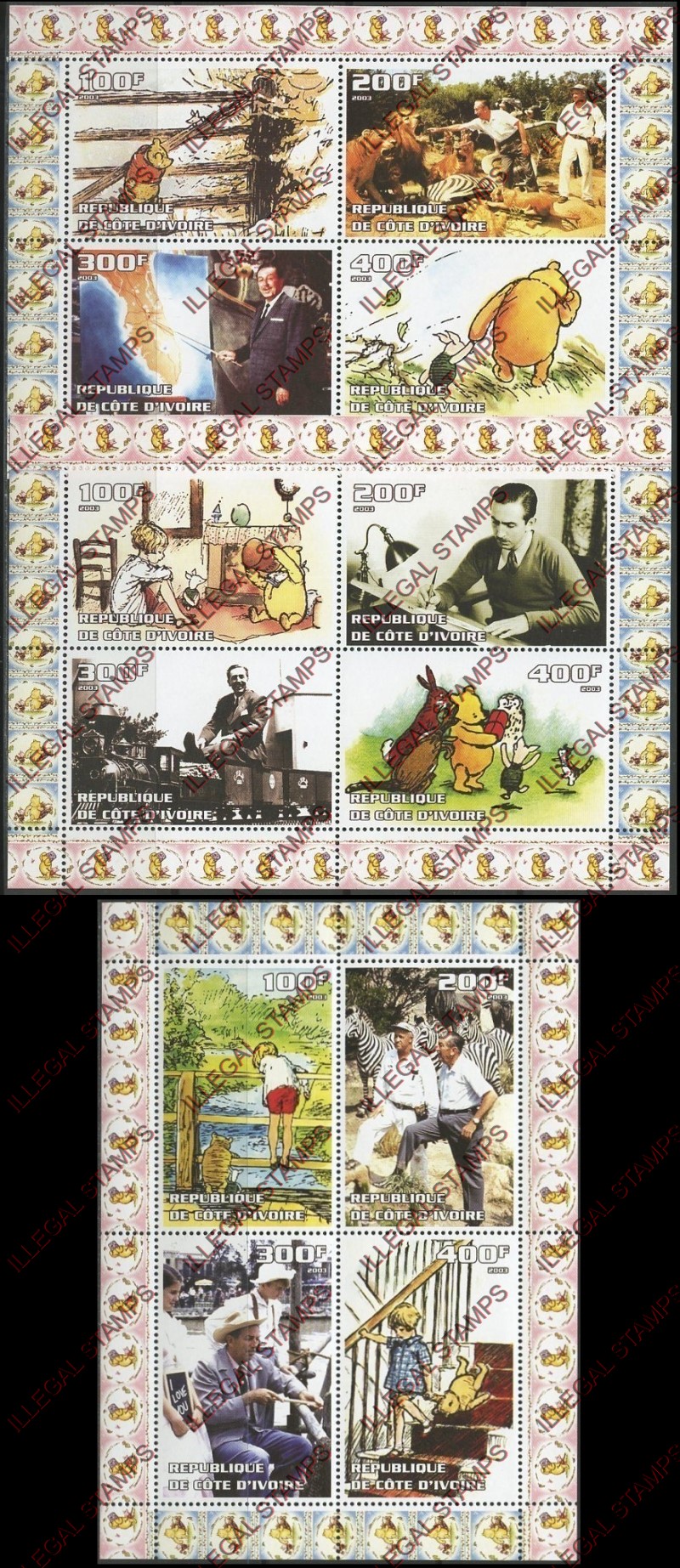 Ivory Coast 2003 Walt Disney Winnie the Pooh Illegal Stamp Souvenir Sheets of 4