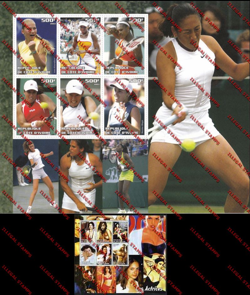 Ivory coast 2003 Women Tennis Players and Actresses Illegal Stamp Miniature Sheets of Six