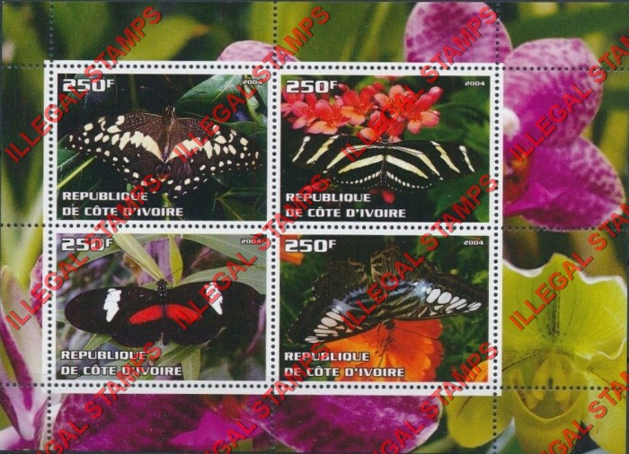 Ivory Coast 2004 Butterflies Illegal Stamp Souvenir Sheet of 4