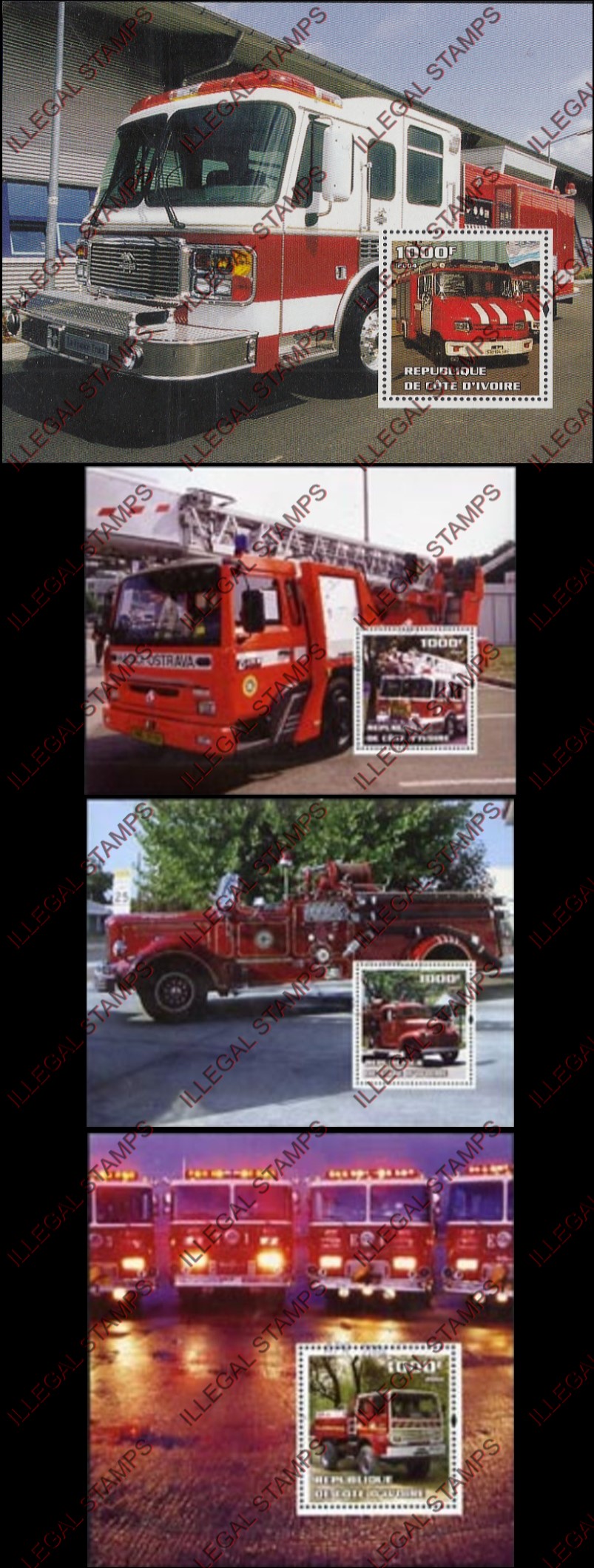 Ivory Coast 2004 Fire Engines Illegal Stamp Souvenir Sheets of 1