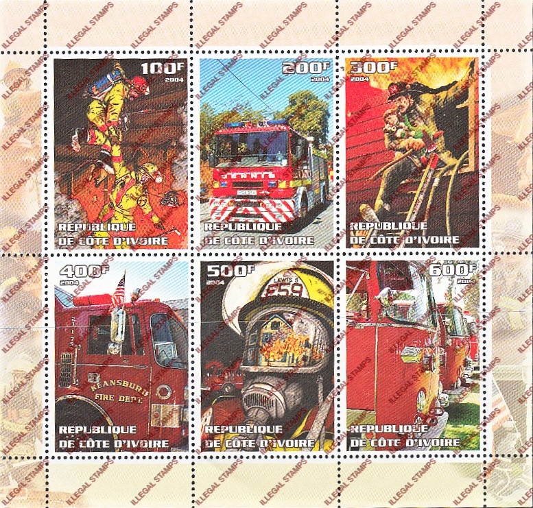 Ivory Coast 2004 Firefighters Illegal Stamp Sheetlet of 6