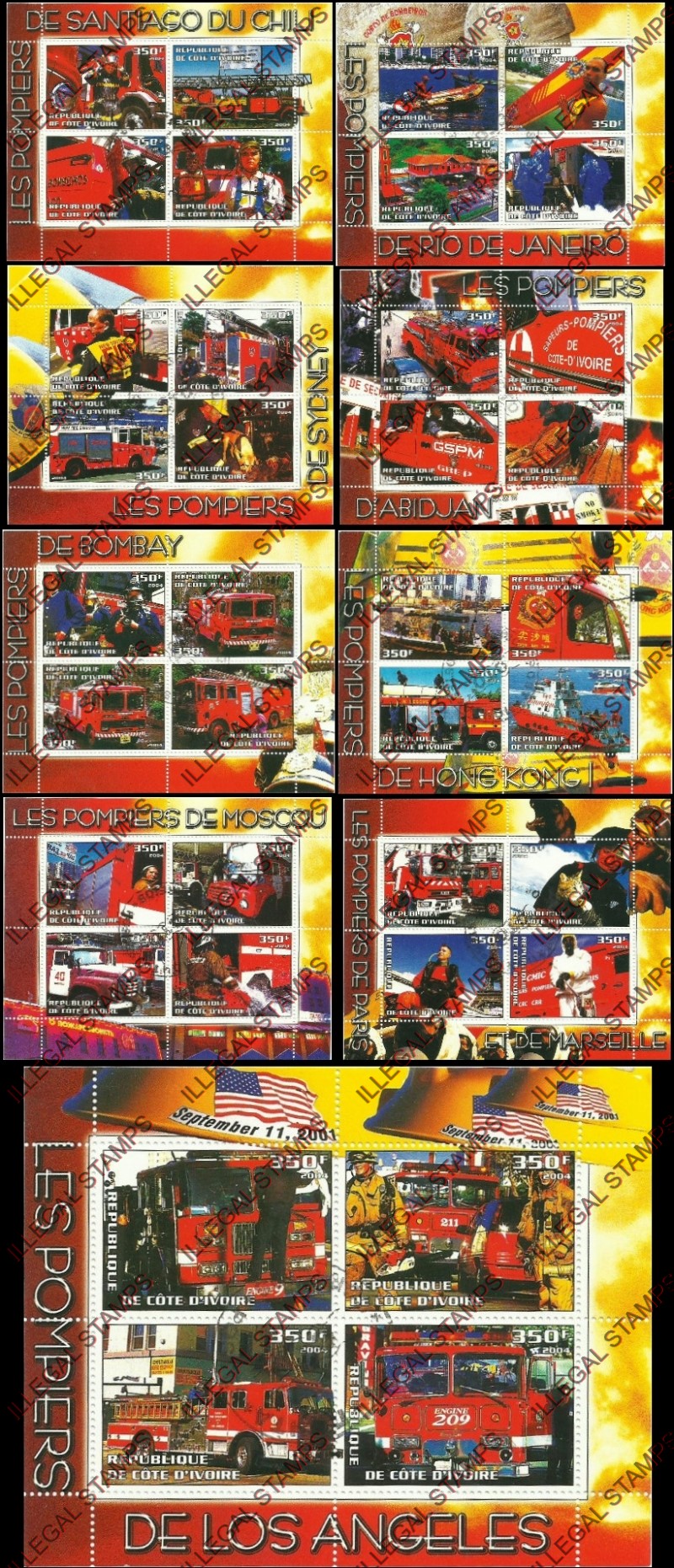 Ivory Coast 2004 Firefighters Illegal Stamp Souvenir Sheets of 4