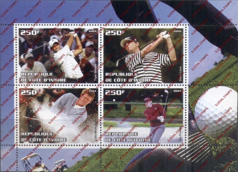 Ivory Coast 2004 Golf Players Illegal Stamp Souvenir Sheet of 4