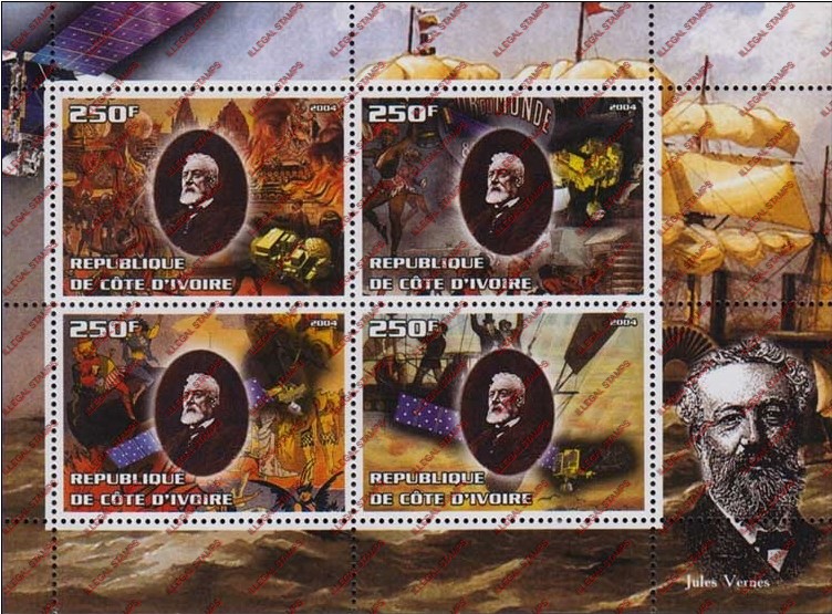 Ivory Coast 2004 Jules Verne Illegal Stamp Souvenir Sheet of 4