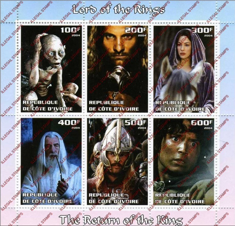 Ivory Coast 2004 Lord of the Rings Illegal Stamp Sheetlet of 6