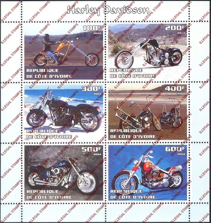 Ivory Coast 2004 Motorcycles Harley Davidson Illegal Stamp Sheetlet of 6