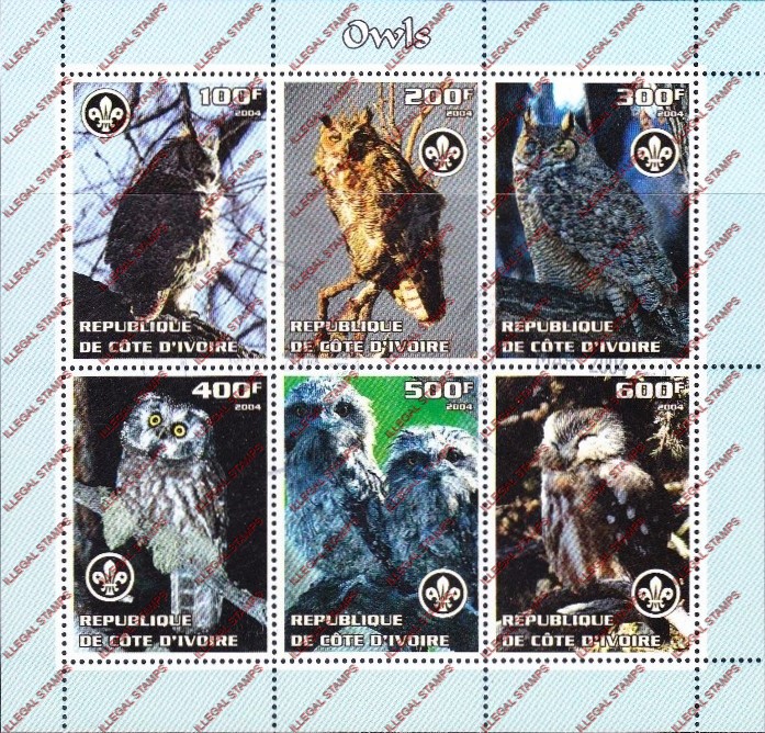 Ivory Coast 2004 Owls Illegal Stamp Sheetlet of 6