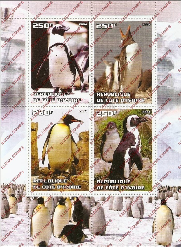 Ivory Coast 2004 Penguins Illegal Stamp Souvenir Sheet of 4