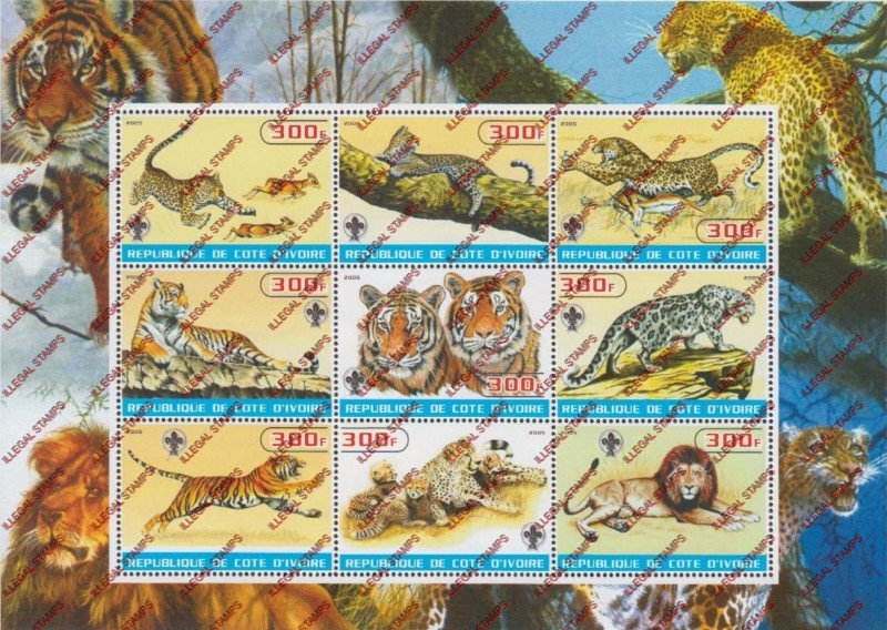 Ivory Coast 2005 Big Cats Lions, Tigers, Leopards Illegal Stamp Sheetlet of 9